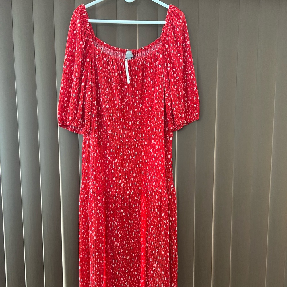 Red with with flower dress midi length from ASOS. Never worn, tags attached.